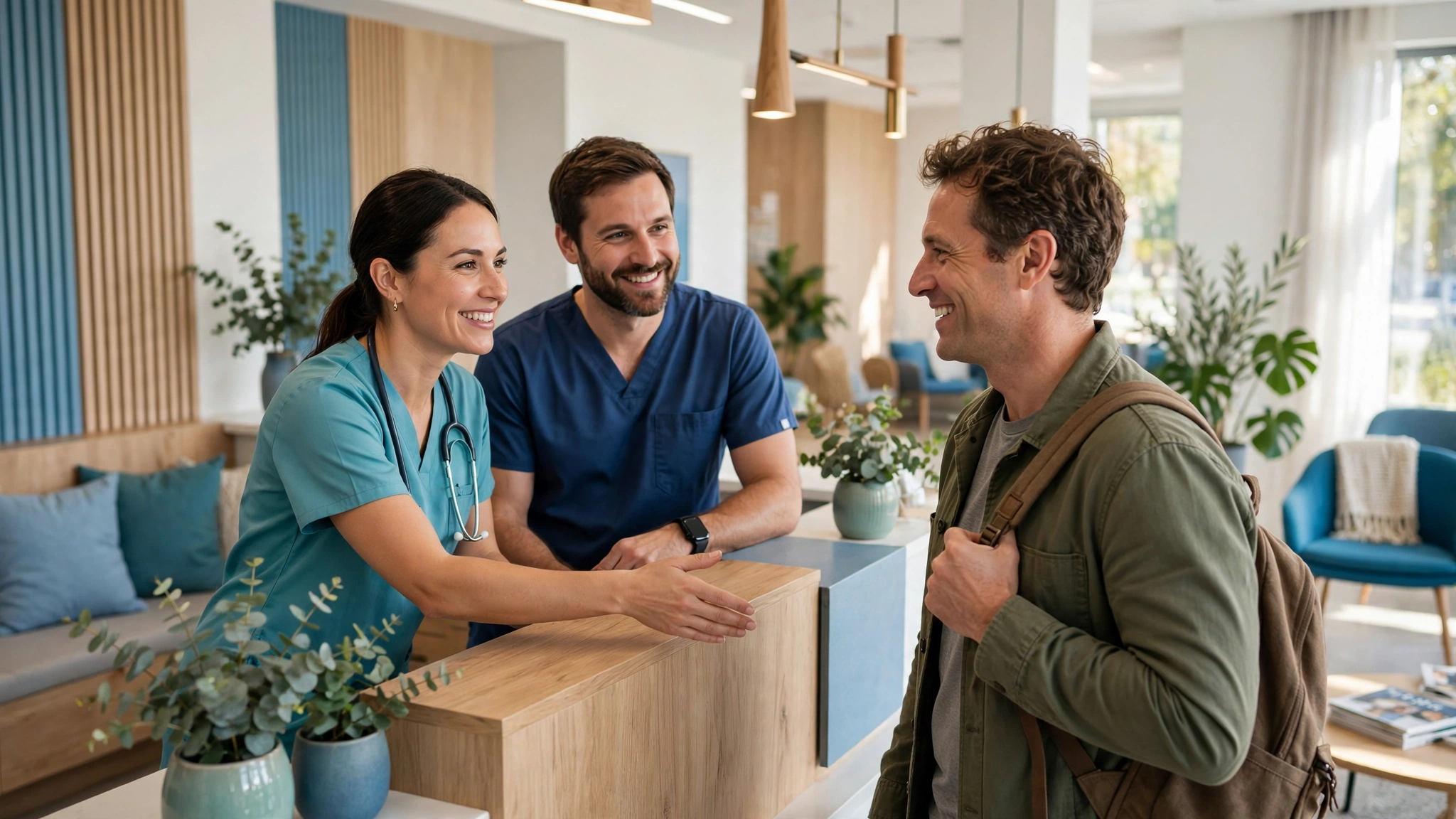 Friendly medical staff greeting a patient in a modern clinic