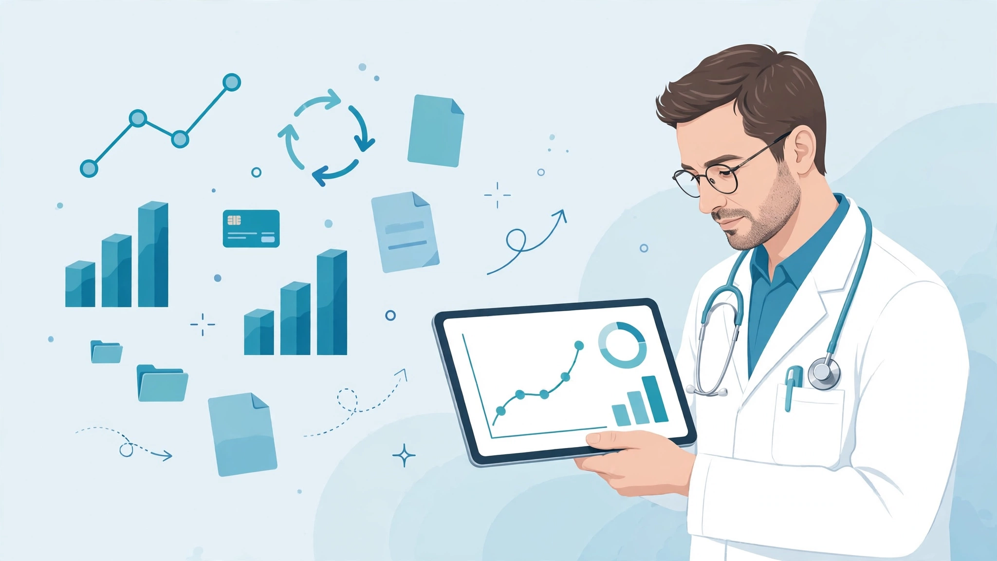 Doctor reviewing medical revenue cycle analytics on a digital tablet